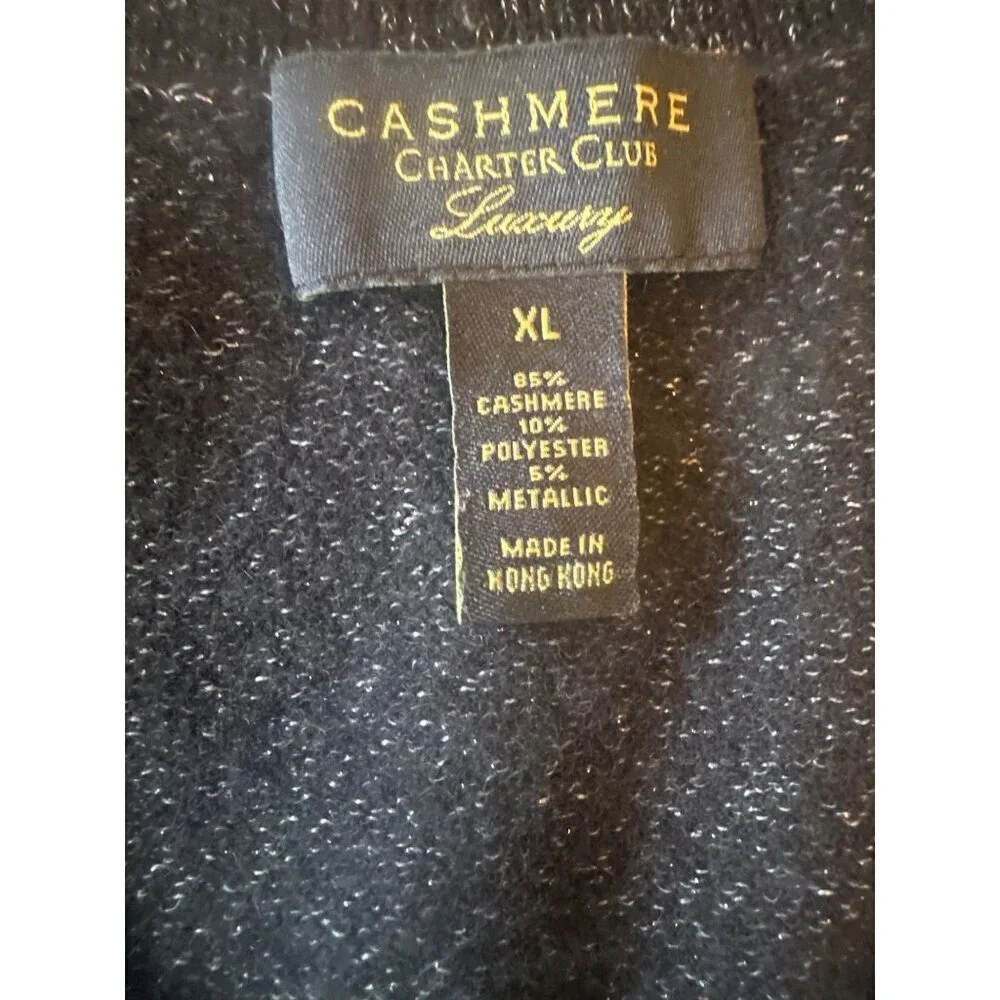 Charter Club Luxury Cashmere Black‎ Sparkle Thread Sweater V Neck Size X Large - Picture 2 of 4